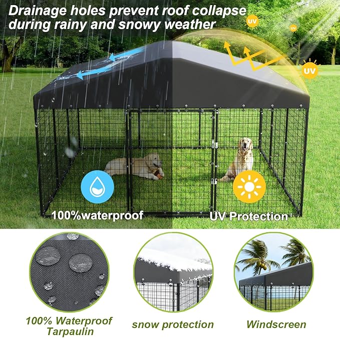 Gotland Dog Kennel Outdoor 10 x10 x6 FT, Dog Cage Outdoor for Medium/Large Dogs with Waterproof Roof Double Secure Locks Ground Spikes, All Weather Heavy Duty Dog Enclosure for Backyard Farm Ranch