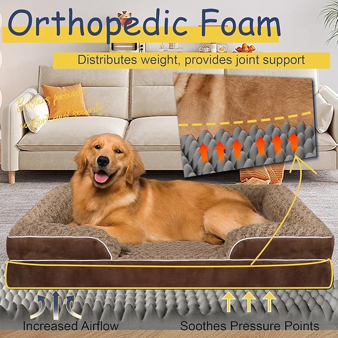 Orthopedic Dog Bed for Large Medium Sized, Washable Memory Foam Large Dog Bed, Medium Pet Sofa with Removable Cover, Washable Waterproof Pet Couch Beds(Brown, L)