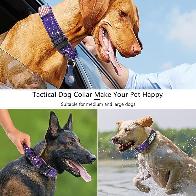 DAGANXI Tactical Dog Collar, Adjustable Military Training Nylon Dog Collar with Control Handle and Heavy Metal Buckle for Medium and Large Dogs, with Patches and Airtags Case (XXL, Purple Sky)