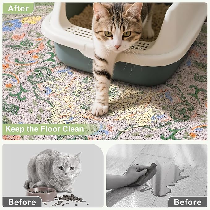 Bienbee Cat Litter Mat, 24" x 15" Litter Box Mat Rug with Non-Slip Bottom,Urine and Water Proof, Easy to Clean Cat Supplies Essentials for Indoor Kitty Kitten Floor, Bean-Green M