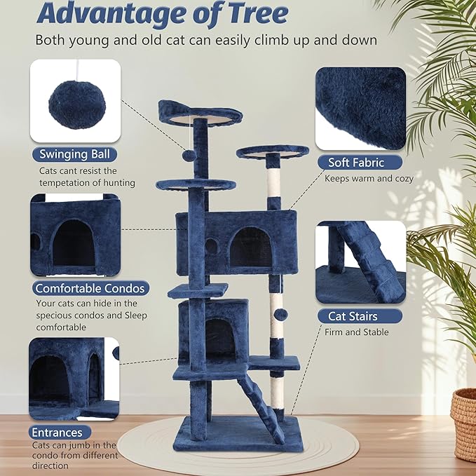 FDW | 54" Cat Tree Tower | Dark Blue | Multi-Level Indoor Activity Center with Sisal Scratching Posts, Condos, Plush Perches, Hanging Cat Toys | Sturdy, Easy to Assemble | for Kittens & Adult Cats
