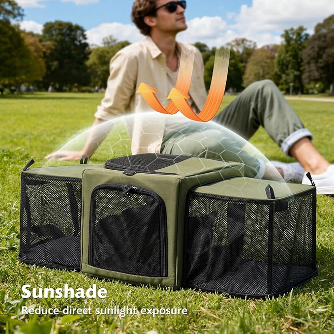Pecute Cat Carrier Expandable, Stable Pet Carrier with 5mm Thick Steel Wire Frame, Dual-Side 200% Larger Space, Car Travel Carrier with Locking Zippers & Belt, Foldable for Storage,Green