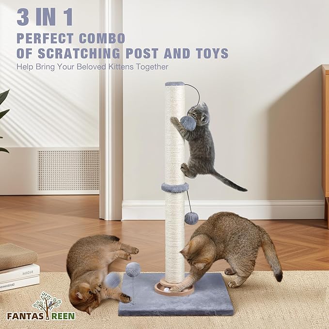Fantasreen 31" Cat Scratching Post Kitten Toys for Indoor Cats, Interactive Cat Scratcher with Catnip Balls, Sisal Scratch Rope for Large Cats, Grey