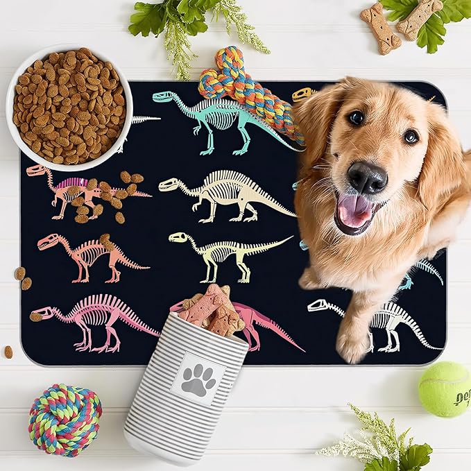 Dinosaur Skeleton Dog Cat Food Mat,Vintage Color Absorbent Pet Feeding Mat with Rubber Backing,Non-Slip Water Bowl Placemat,Indoor Pet Accessories Supplies 12"x20"