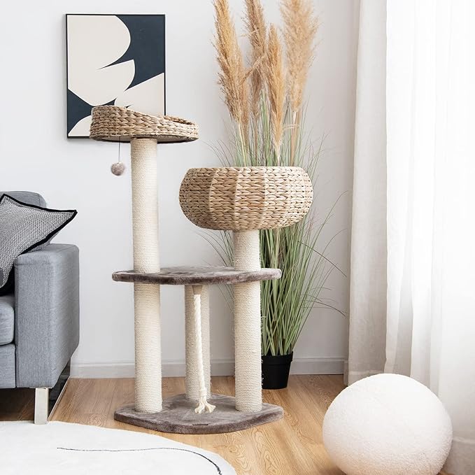 PETSITE 41 Inch Modern Cat Tree for Indoor Cats, Multi-Level Cat Tower with Scratching Posts, Hand-Made Wicker Cat Condo & Top Perch, Dangling Ball, Sisal Rope, Cute Cat Tree for Indoor Cats