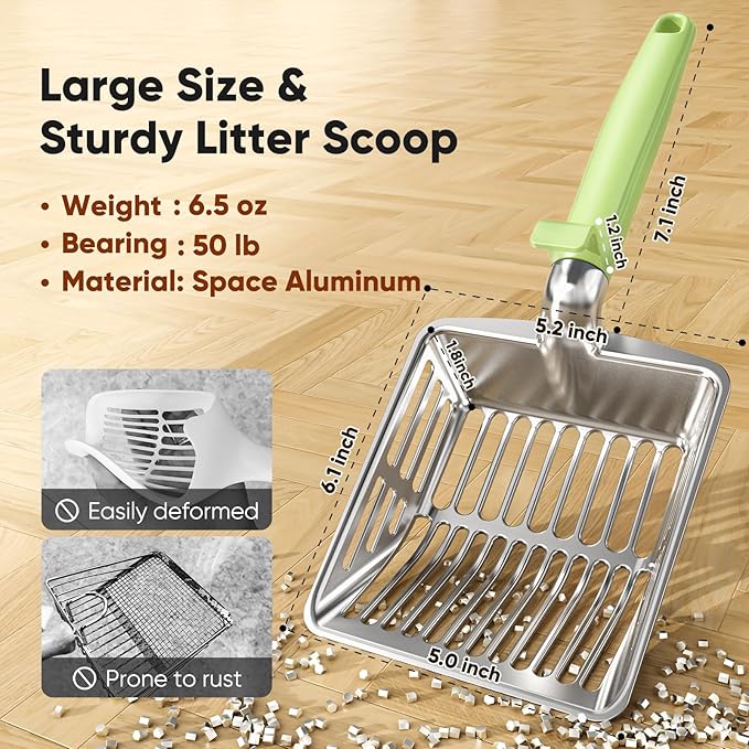 Metal Cat Litter Scoop, Large Cat Scooper with Deep Shovel & Dual Sifting Holes for Fast & Precise Sifting, Space Aluminum Kitty Litter Scooper with Long Handle & Easy-to-Hang Hook - Mint