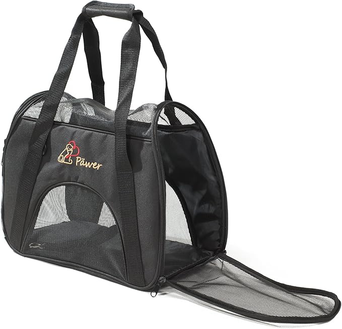 Pawer Soft-Sided Pet Carrier for Cat and Small Dog,Black Color,Medium Size,Washable 600D Oxford Cloth Airline Approved Travel Tote,with 2 Mesh Opens and a Strap for Carry,Multiple Colors Available