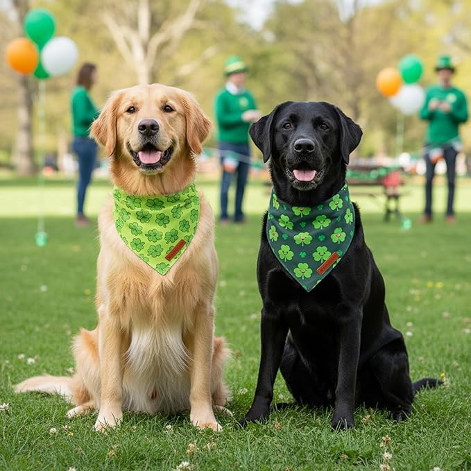 ADOGGYGO St Patrick Dog Bandana 2 Pack, Reversible Shamrock Pet Scarf Bib, Adjustable Fit Green St Patricks Day Bandanas for Extra Large Dogs (X-Large)