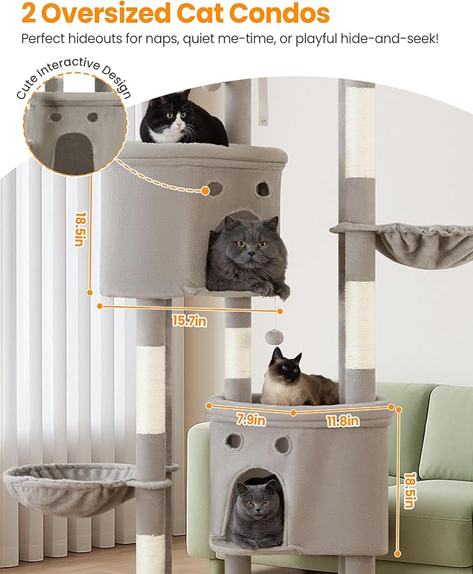 Extra Large Cat Tree, 84 Inch XXL Giant Cat Tower for Indoor Cats Large Adult 20lb+, Multi-Level Cat Climbing Condo with 5 Scratching Posts, 3 Wide Platform Perches, 2 Baskets, 2 Cat Caves, Light Grey