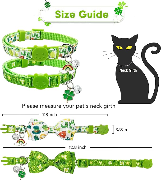 2 Pack St. Patrick Day Cat Collar with Bow Tie,Holiday Kitty Kitten Collar with Bell for Male Female Boys and Girls (Luckyclover)