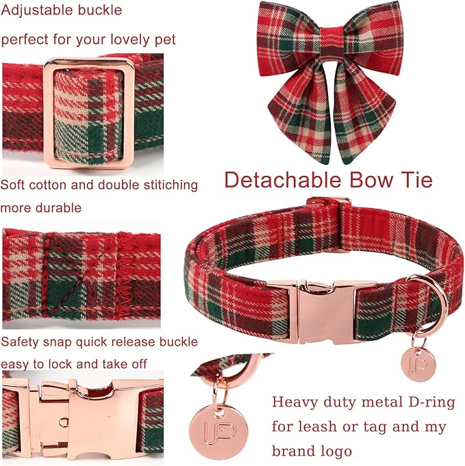 Christmas Plaid Dog Collar with Bow Tie– Adjustable Red & Green Checkered Dog Collar for Small Medium Large Dogs, Soft Xmas Plaid Puppy Collars with Quick Release Buckle L