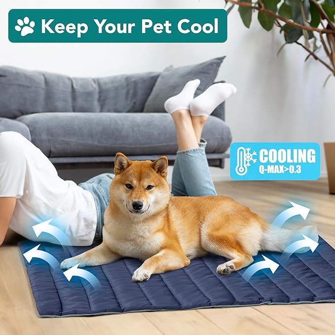 PetAmi Cooling Mat for Dog, Premium Pet Cooling Blanket for Crate Kennel, Indoor Cat Cool Sleeping Pad, Q-MAX Cold Sofa Couch Cover for Summer, Navy/Dusty Blue, Small (24x32)