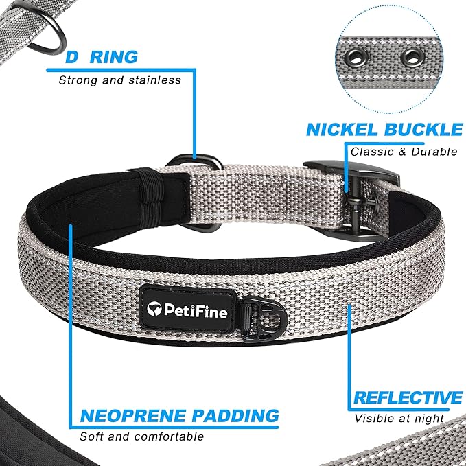 PetiFine Dog Collars for Small Dogs, Neoprene Padded Dog Collar, Reflective Heavy Duty Pet Collars with Durable Metal Belt Buckle for Walking, Grey, S
