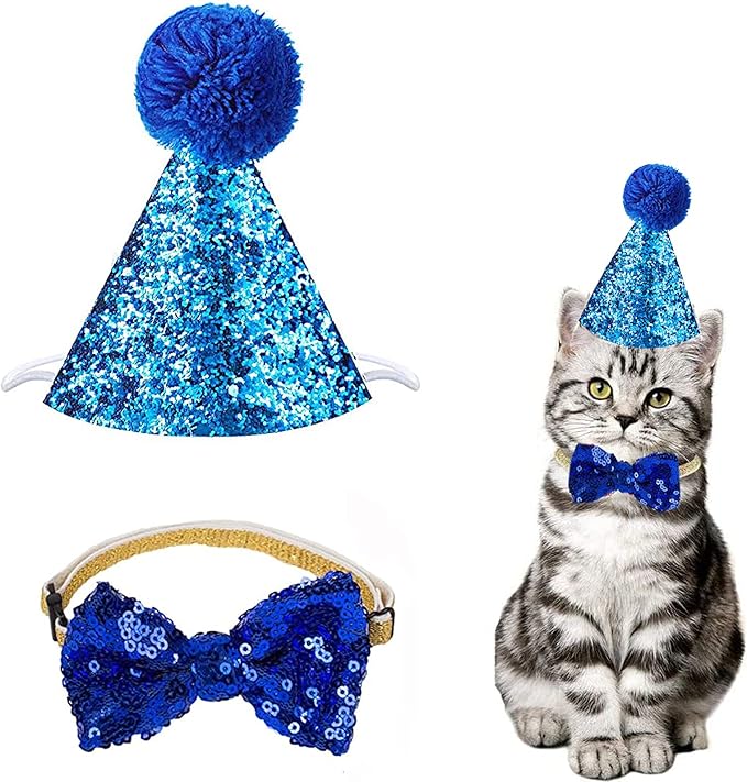 Christmas Pet Party Jazz Hat and Blingbling Bow Tie Breakaway Collar Set, Adjustable Headband for Kitten Puppy Small Dogs Cats (03 Sequin-Royal Blue)