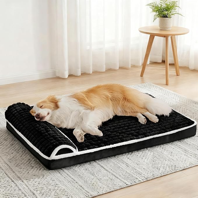 Orthopedic XL Dog Bed Large Sized Dog with Pillow 42''X28'', Waterproof Soft Comfortable Egg Crate Foam Pet Crate Beds Mat with Removable Washable Cover and Non-Slip Bottom, Black