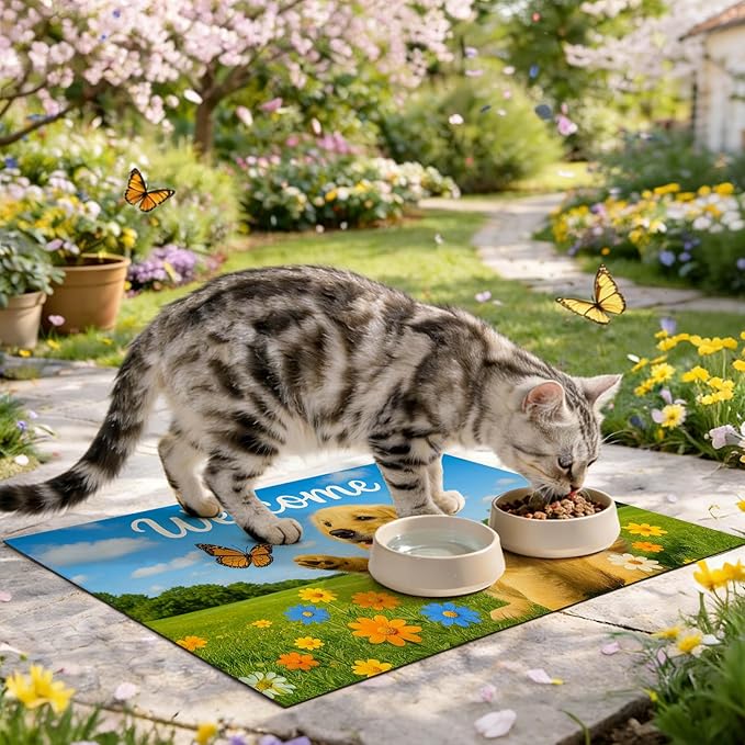 Welcome Spring Pet Feeding Mat 24" x 16" Non Slip Dog and Cat Food Mat Easy Clean Feeding Mat for Puppy and Kitten Cute Cat Feedings Mat for Indoor Cats Food and Water Mat for Pet Bowls