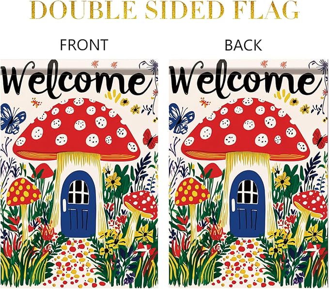 Mushroom House Garden Flag 12x18 Inch Welcome Yard Banner Whimsical Fairy Tale Style Double Sided Outdoor Decoration for Porch Lawn Patio Spring Summer Seasonal Garden Decor