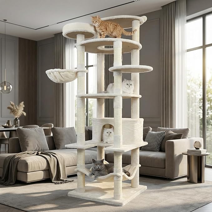78.8" Large Cat Tree Tower for Indoor Kitties, Multi-Level Furniture Activity Center for Tall Cat Condo with Cozy Perches,Sisal Scratching Posts,Hammock and Basket