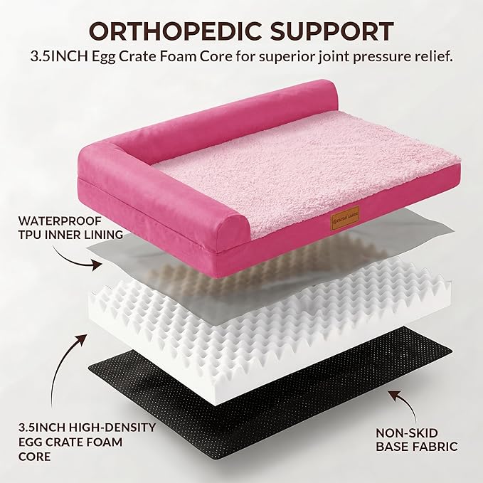 Patas Lague Orthopedic Dog Bed Medium Size Dog 30''X20'', Waterproof L Bolster Medium Pet Sofa Beds with Removable Washable Cover, Soft Comfortable Pet Couch Crate Mat with Nonskid Bottom, Pink