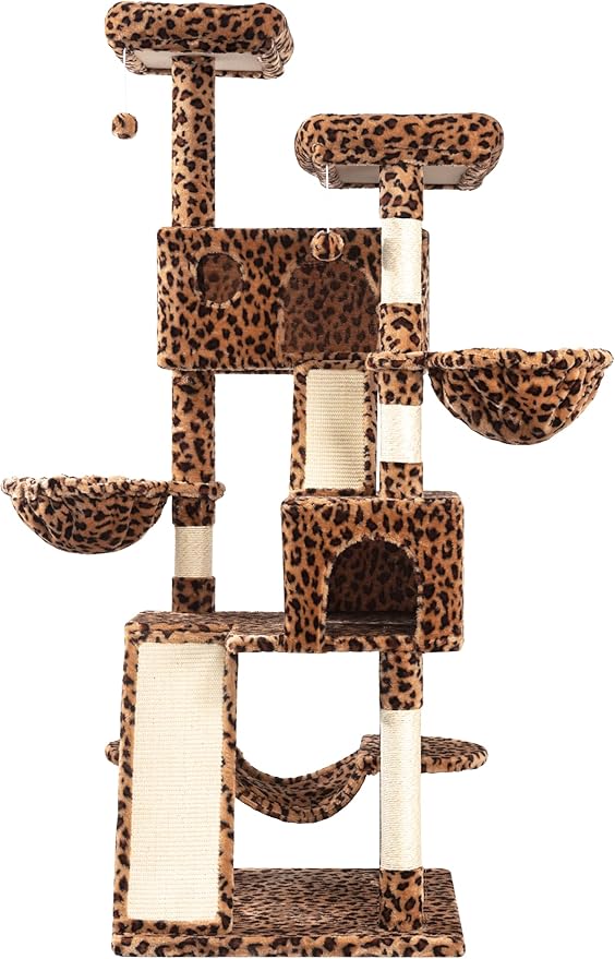 WEEWAY Cat Tree Tower for Indoor Cats,65'' Multi-Level Cat Furniture Activity Center,Stand House Condo Cave,Sisal Scratching Posts Ramps,Plush Perches Platforms Basket Hammock, Leopard Print