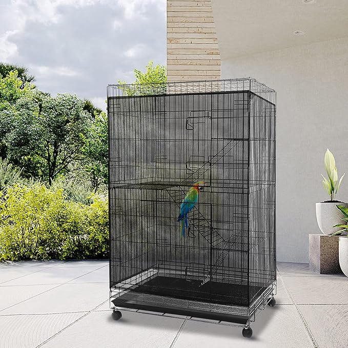 Adjustable Birdcage Seed Feather Catcher Bird Cage Net Cover Soft Skirt Guard Birdcage Nylon Mesh Netting for Parrot (118 x 39.4 Inch) (Black)