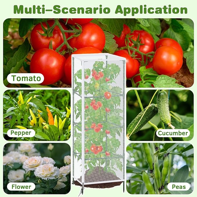 3 Pack 59"x18" Bird Netting Plant Cover for Garden Square Tomato Cages Protection,Insect Bird Barrier Garden Plant Netting Tomato Trellis Protective Cover with Zipper & Drawstring