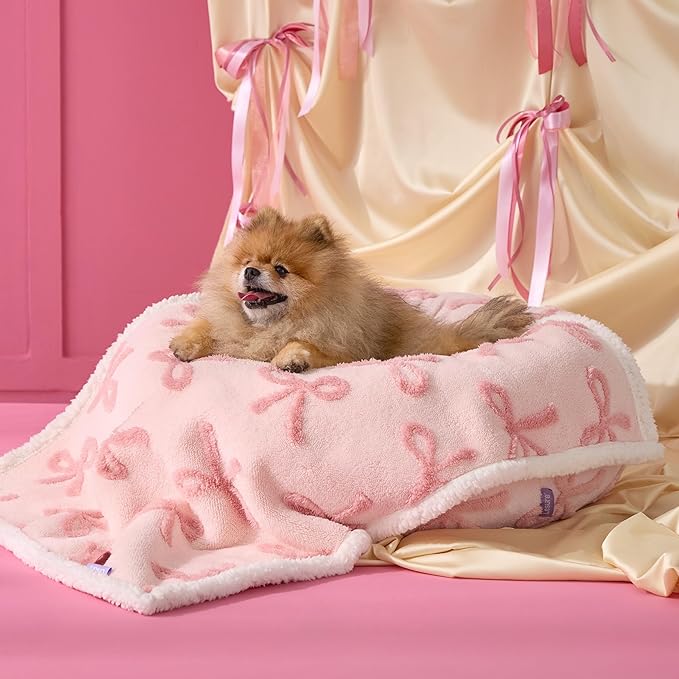 LE SURE Waterproof Puppy Blanket for Small Dogs - Washable Double Sided Dog Blankets with Warm Jacquard Shag and Soft Sherpa Fleece, Pet Cat Blanket for Couch Protection, Bow Design，Pink Taffy