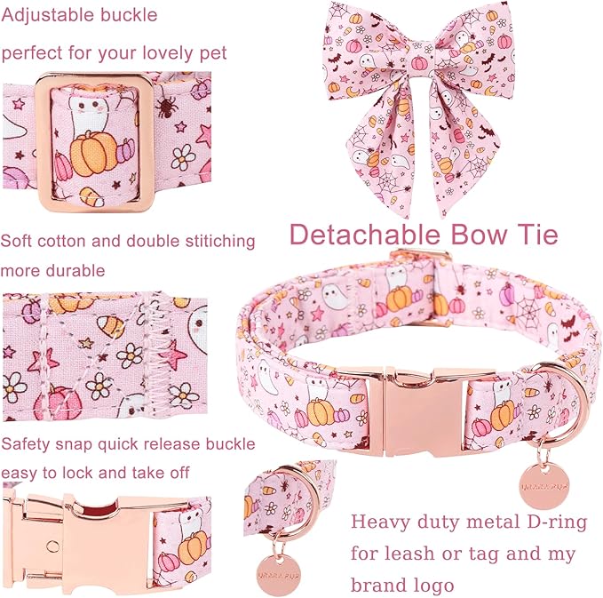 Halloween Dog Collar with Flower, Pink Halloween Puppy Flower Collar with Adjustable Metal Buckle,Fancy Halloween Dog Collar Bowtie Gift for Girl Boy Dog,XL