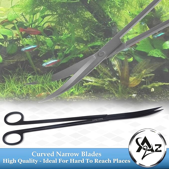 A2Z-Aquascaping Maintenance Tools Accessories,Anti-Rust Stainless Steel Tweezers Scissors Spatula for Aquarium Tank Clean, Fish Tank, Bonsai, Algae Scrapers (12" Scissors - Curved - Black)
