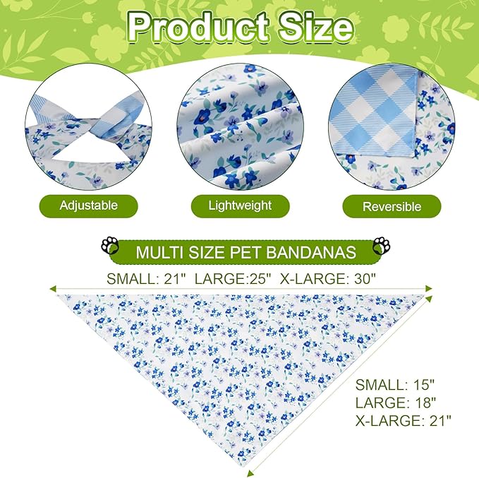 Spring Dog Bandanas XLarge 2PCS, 4 Pattern Summer Floral Scarf for Boy and Girl, Triangle Reversible Bibs Breed for Puppy Pets