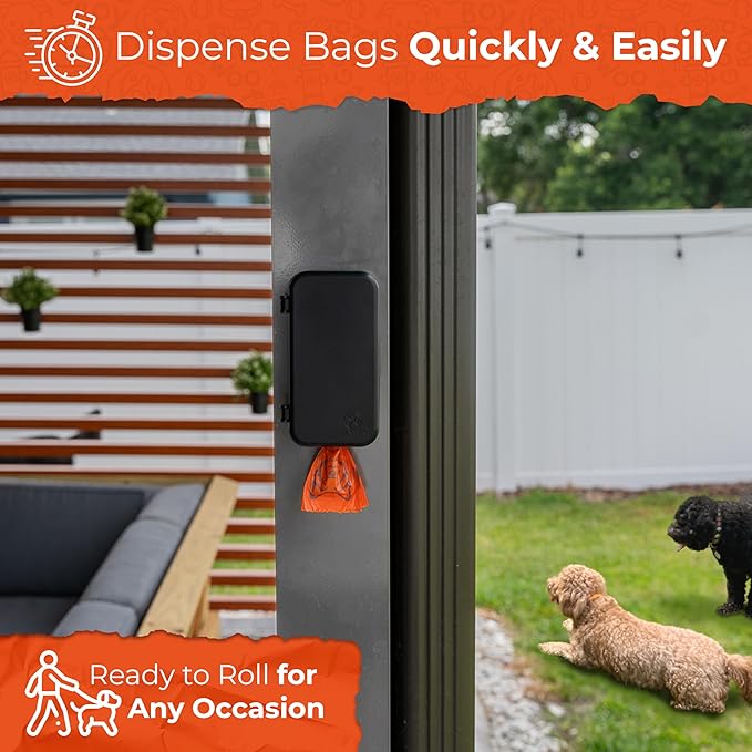 Dog Poop Bag Dispenser - Outdoor or Indoor Pet Waste Bag Dispenser Station - Stick-On or Screw-On Wall Mount - Poop Bags Storage Outdoor Container - Includes 4 Doggie Bag Rolls (Black)