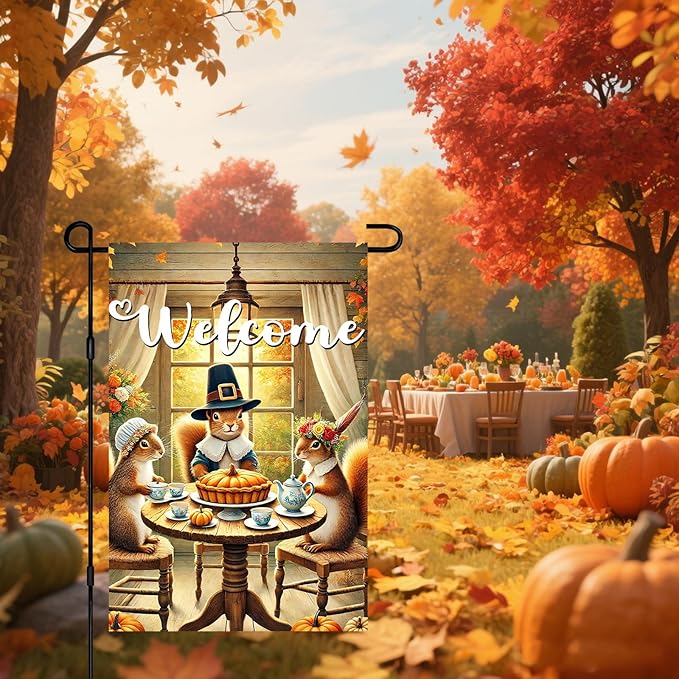 Welcome Garden Flag Autumn Garden Flag Adorable Squirrels Tea Party Decorative Garden Flags Pumpkin Pie Festive Fall Scene Outdoor Yard Banner 12x18 Inch Double Sided Home Accent