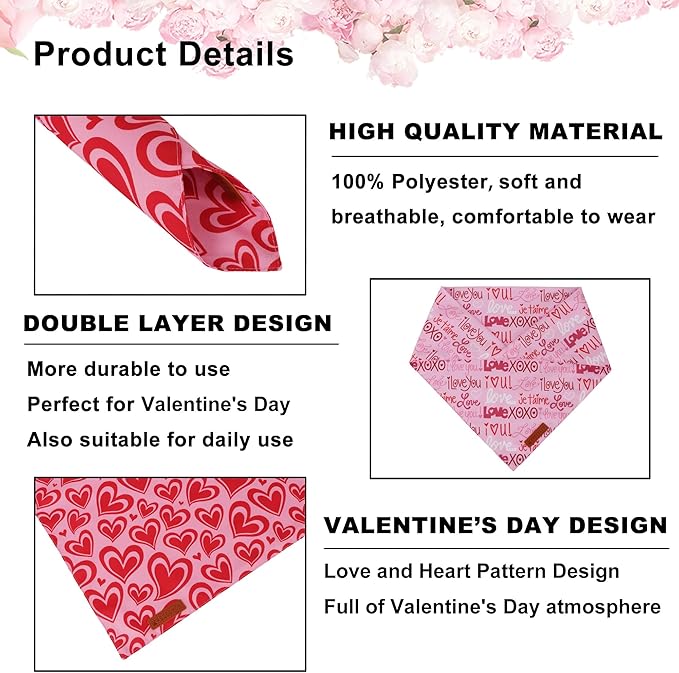 ADOGGYGO Valentine Dog Bandanas 2 Pack, Reversible Heart Love Print Pet Scarf, Premium Fabric, Adjustable Fit Pink Red Valentine Bandanas for Medium Large Dogs (Large)