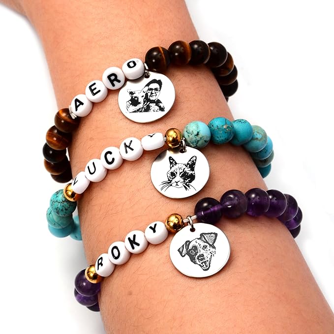Custom Pet Portrait Bracelet Dog Cat Loss Memorial Keepsake Gift, Photo Engraved with Name Stretch Natural Stone Bracelets Funeral Jewelry,Initial Peanuts in Memory Remembrance Cat Dog