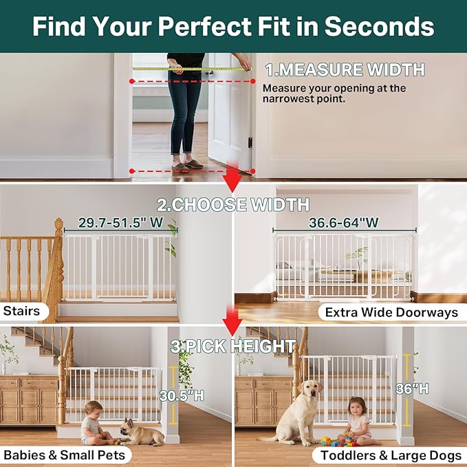 Cumbor 29.7"–51.5" Extra Wide Baby Gate for Stairs, Pressure-Mounted Dog Gates for Doorways & Hallways, Auto-Close Walk-Through, No-Trip Design, Child Proof Safety, Dog/Pet Gate for Indoor Use, White