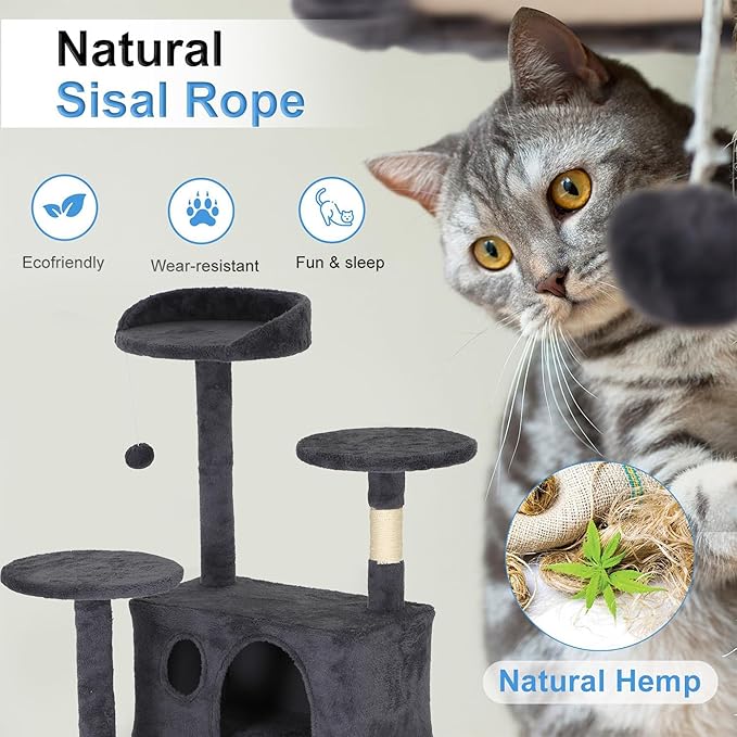 FDW | 62" Cat Tree Tower | Dark Gray | Multi-Level Indoor Activity Center with Sisal Scratching Posts, Condos, Plush Perches, Hanging Cat Toys | Sturdy, Easy to Assemble | for Kittens & Adult Cats