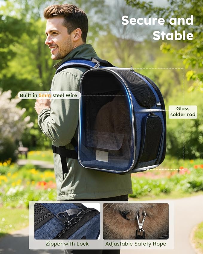 Pecute Cat Backpack Carrier Expandable, Pet Backpack for Cats & Small Dogs Up to 11lbs, with 4-Side Breathable Mesh, Multi-Entry & Lockable Zippers for Travel, Hiking, Camping - Hands Free, Blue