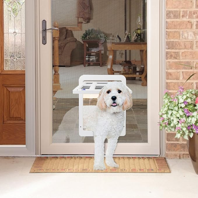 NAMSAN Dog Screen Door, Passage Size 12 x 16 inches, Dog Door for Screen Door, Large Pet Door for Sliding Door, Magnetic Automatic Closing, Self-Assembly, Lockable, White ﻿