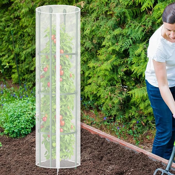 3 Pcs Round Tomato Cage Bird Netting Plant Cover, 59" x 15.7" Insect Bird Barrier Tomato Cage Protection Cover with Zipper & Drawstring for Protecting Tomatoes, Fruit, Trellis Plants
