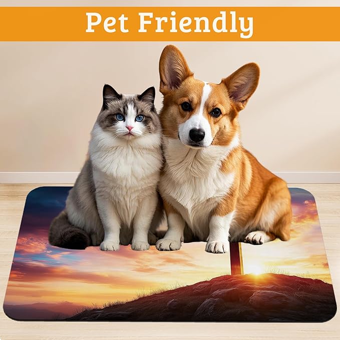 Pet Feeding Mat,Cross Absorbent Dog Cat Food Mat Sunset Dog Mat with Rubber Backing,Non-Slip Water Bowl Placemat,Pet Supplies 12" x 20"