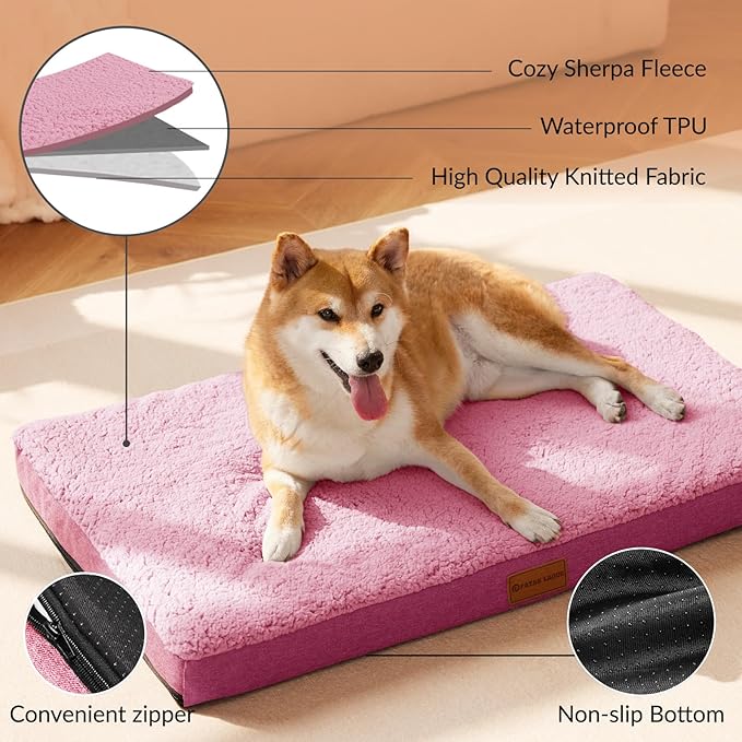 Patas Lague Orthopedic XL Dog Bed Large Sized Dog 42''X28'', Soft Waterproof Egg Crate Foam Large Pet Crate Beds Mat with Removable Washable Cover and Non-Slip Bottom, Hot Pink