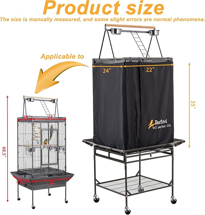 Bird Cage Cover(Black) Good Night Birdcage Cover Black-Out Birdcage Cover Durable Breathable Washable Material… (68 inch)