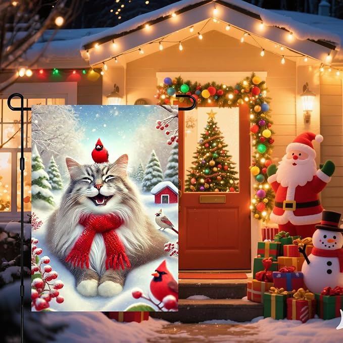 Christmas Garden Flag Cute Cat Red Cardinal Winter Snow Scene Outdoor Yard Flag 12x18 Inch Double Sided Banner For Front Yard Porch Lawn Patio Festive Holiday Seasonal Home Decor