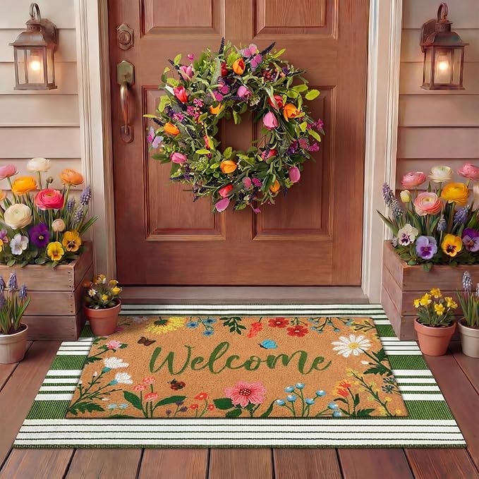 Tinideya 2 Pcs Spring Welcome Door Mat Floral Outdoor Layered Doormats for Front Door Non Slip Wildflower Coir Floor Mat Green White Stripe Rugs for Outside Front Porch Entryway Decor