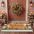 Tinideya 2 Pcs Spring Welcome Door Mat Floral Outdoor Layered Doormats for Front Door Non Slip Wildflower Coir Floor Mat Green White Stripe Rugs for Outside Front Porch Entryway Decor