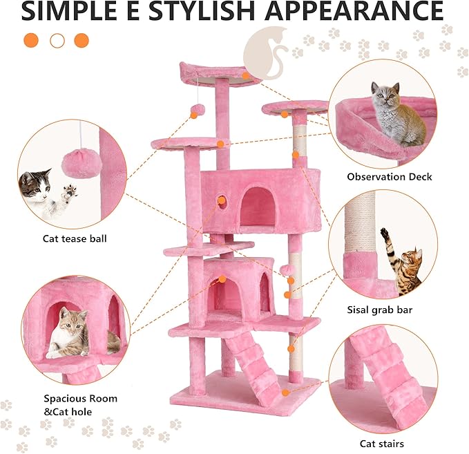 BestPet | 54" Cat Tree Tower | Pink | Sturdy, Easy to Assemble, Multi-Level Activity Center with Sisal Scratching Posts, Condos, Perches, Hanging Cat Toys, Observation Decks & Ladder