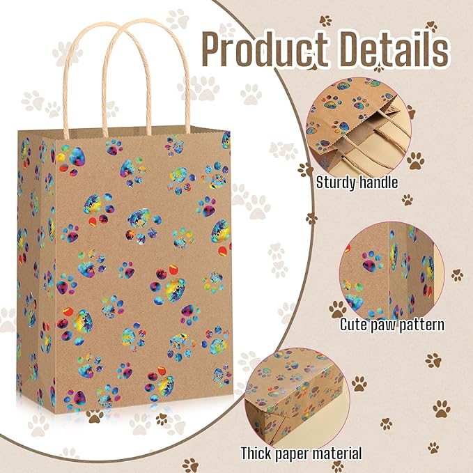 Blulu 20 Pcs Puppy Dog Paw Gift Bags with Paper Twist Handles, Dog Gift Paper Paw Treat Goodie Bags for PET Treat Party Favor, 6.3 x 3.1 x 8.6 Inch(Kraft Backing, Dazzling Paws)