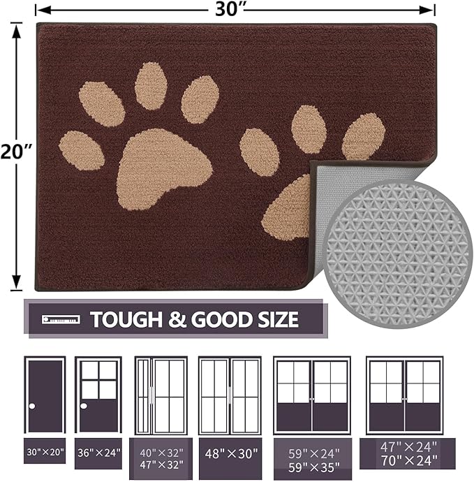 Buganda Dog Door Mat for Muddy Paws, Absorbent Dirt Trapper Washable Indoor Doormats, Non Slip Low-Profile Mud Mat for Dogs, Front Entrance Doormat for Inside Floor (59x35 Inches, Brown)