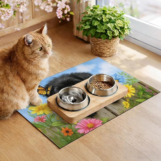 Spring Pet Feeding Mat 24" x 16"Puppy and Butterfly Floral Garden Design Non Slip Cat and Dog Bowl Mat Easy Clean Pet Food Mat Pet Placemat for Dog and Cat Feeding Area Kitchen Floor Decor