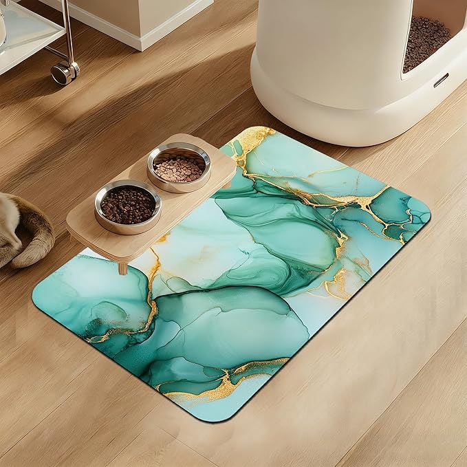 Green Marble Pet Feeding Mat for Floors–Christmas Stocking Absorbent Quick Dry Dog Cat Bowl Mat for Food and Water, Non Slip Waterproof Base, Mess-Free Feeding Accessories 12"x20"